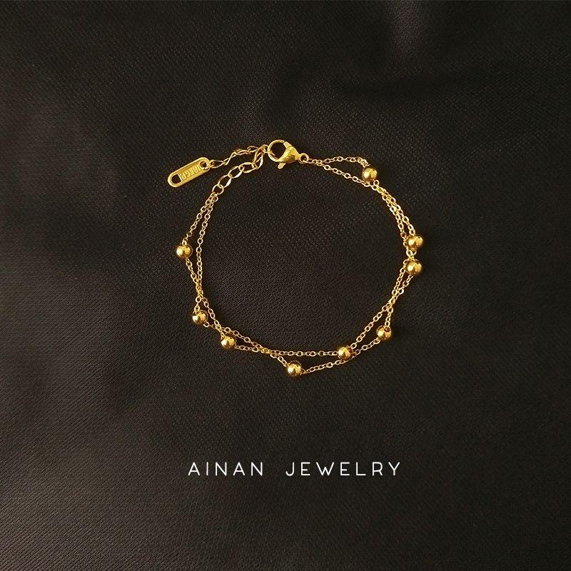 

18K Double-Layer All Match Titanium Steel Colorfast Little Golden Beans Bracelet length 15+3