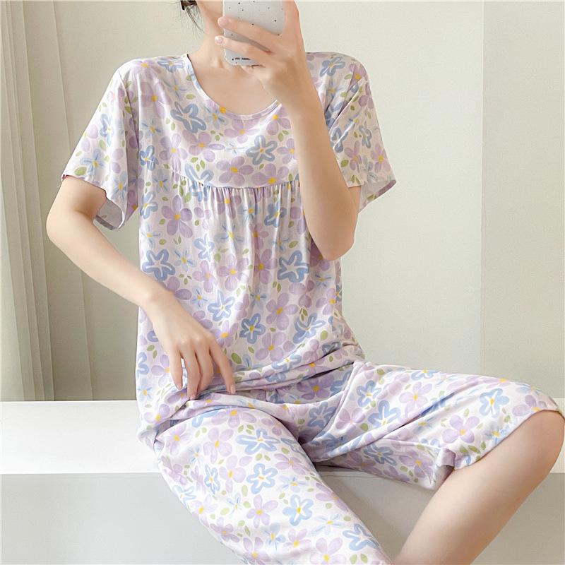 New cotton and silk pajamas women's summer thin two-piece set short-sleeved rayon cotton silk cute loose large size loungewear