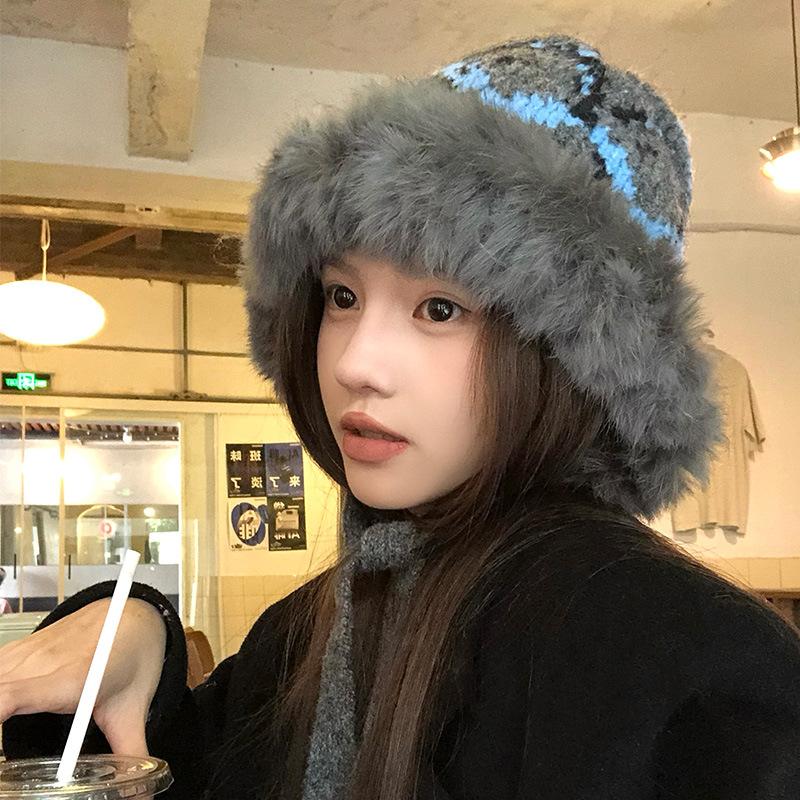 West Sichuan travel knitted ear protection rabbit hair hat women's season new warm face small wool bucket hat