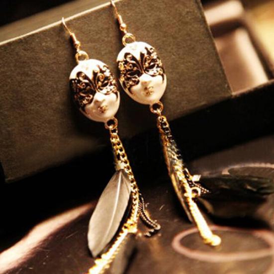 Women's Chain Feather Bohemia Earrings Mask Tassel Chain Long Drop Earring