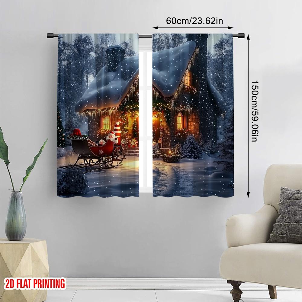 2pcs 2D flat printing Christmas Curtain Day Christmas Lodge and Sleigh Scene Durable 100% Polyester Fabric Without Electricity
