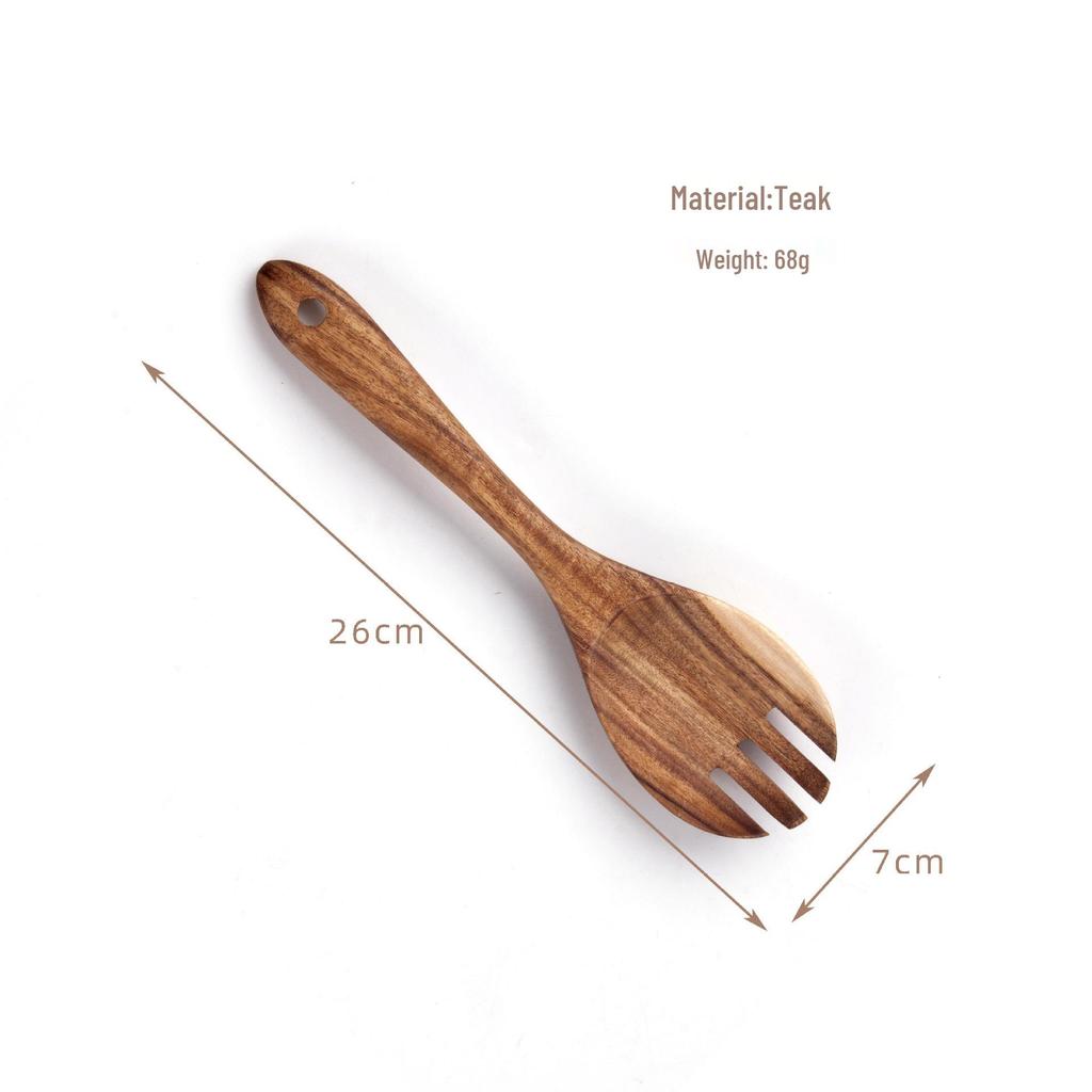 Teak Wood Kitchen Utensil Set: Includes Spatula, Soup Ladle, Stir-Fry Spoon, Slotted Spoon, and Fork for Non-Stick Pans