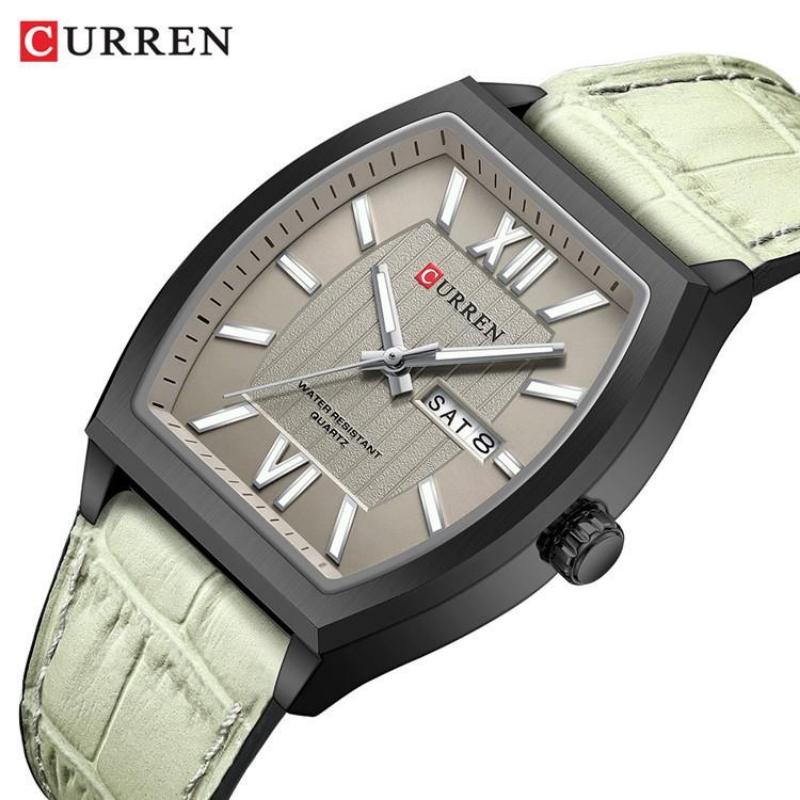 CURREN Genuine Leather Strap Waterproof Wristwatch Fashionable Wine Barrel-shaped Men s Quartz Watch with Week and Calendar Display
