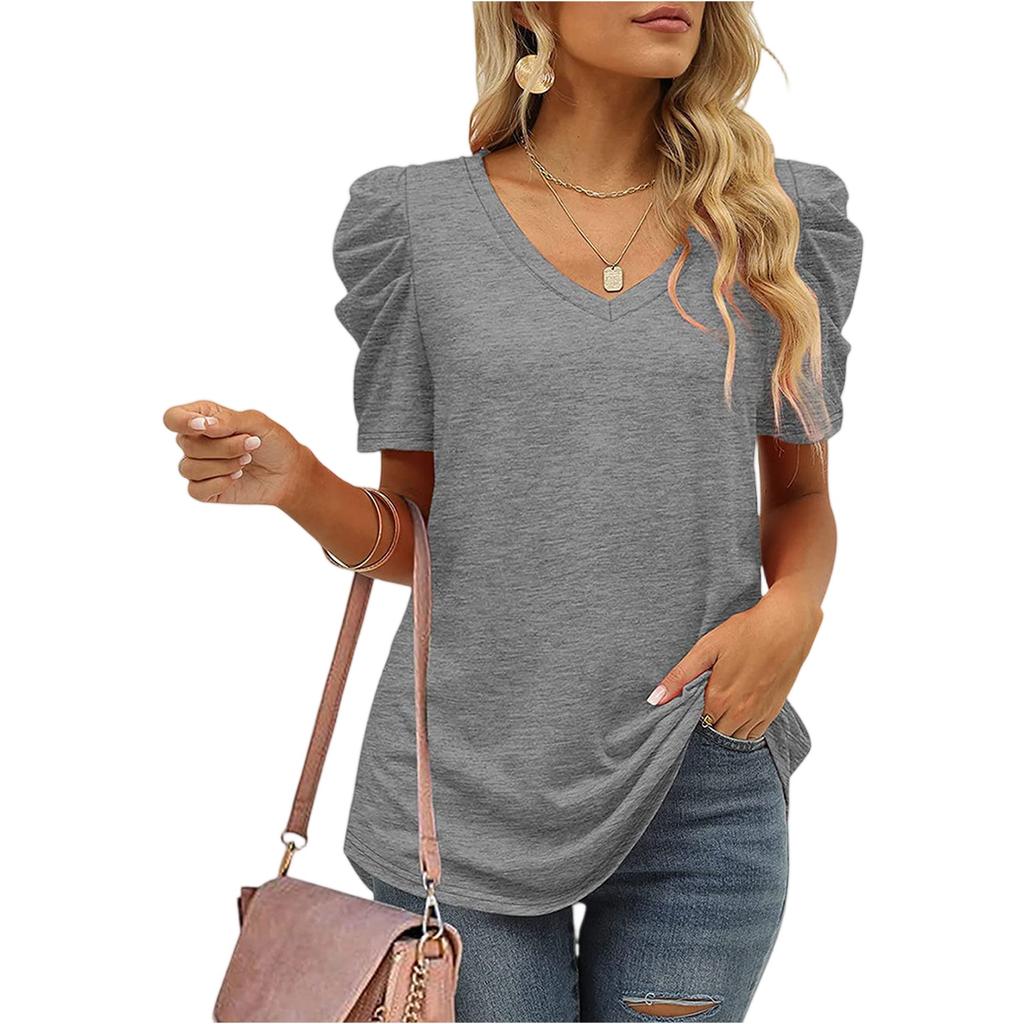 Women's Casual Ruffled Patchwork V-Neck Short Sleeve T-Shirt Top