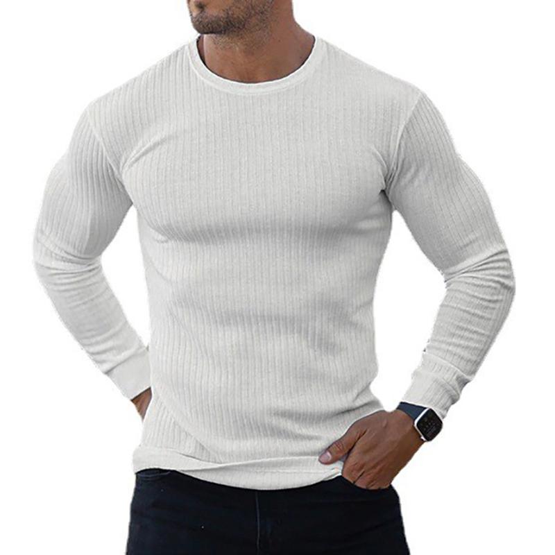 Muscleguys Mens Running T-shirts Autumn Classic Ribbed Knit Jumper Slim Fit Round Neck Long Sleeved Casual Sports Gym Fitness T Shirt