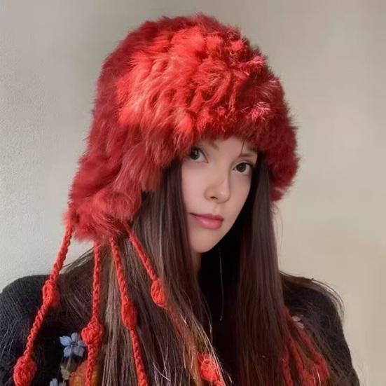 Women Hat Solid Color Rabbit Fur Blend Tassel Knit Hat Comfortable Stretch Fit Autumn Winter Skiing Warm Hat
