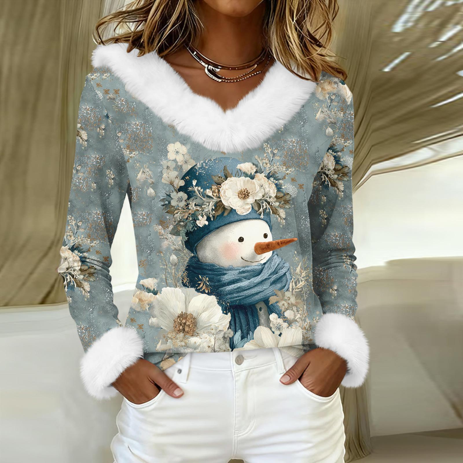 

Рубашки с длинным рукавом для женщин Милые топы Рождественские принты Футболки Блузки Повседневные топы больших размеров Базовые топы Пуловеры XL