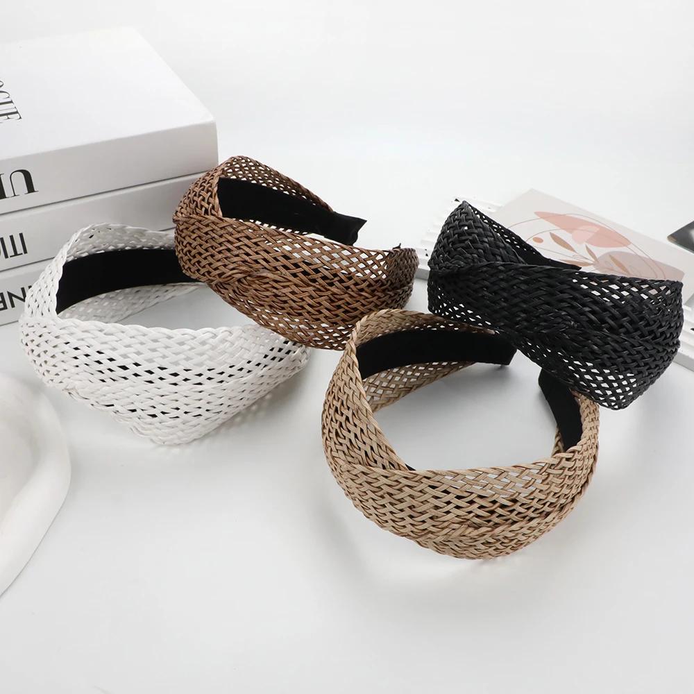 Bohemian Beach Straw Weaving Cross Knotted Headband Women Wide-brimmed Hand-woven Hair Hoop Travel Holiday Headdress Accessories
