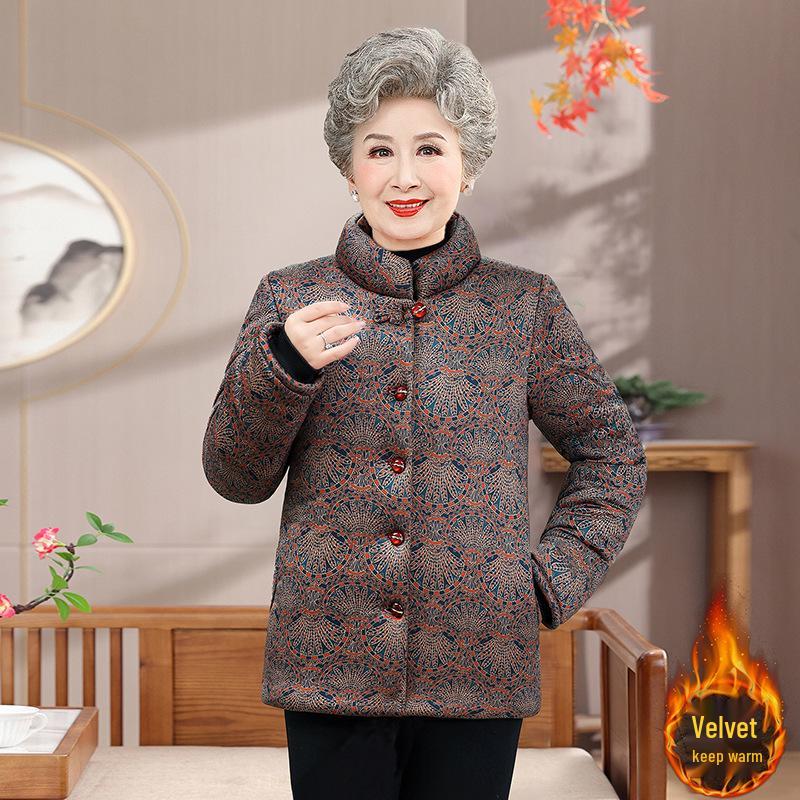 Warm, Thickened Stand Collar Jacket with Fleece Lining for Elderly Women (70-80 years), Cotton Padded for Cold-Proof Comfort.