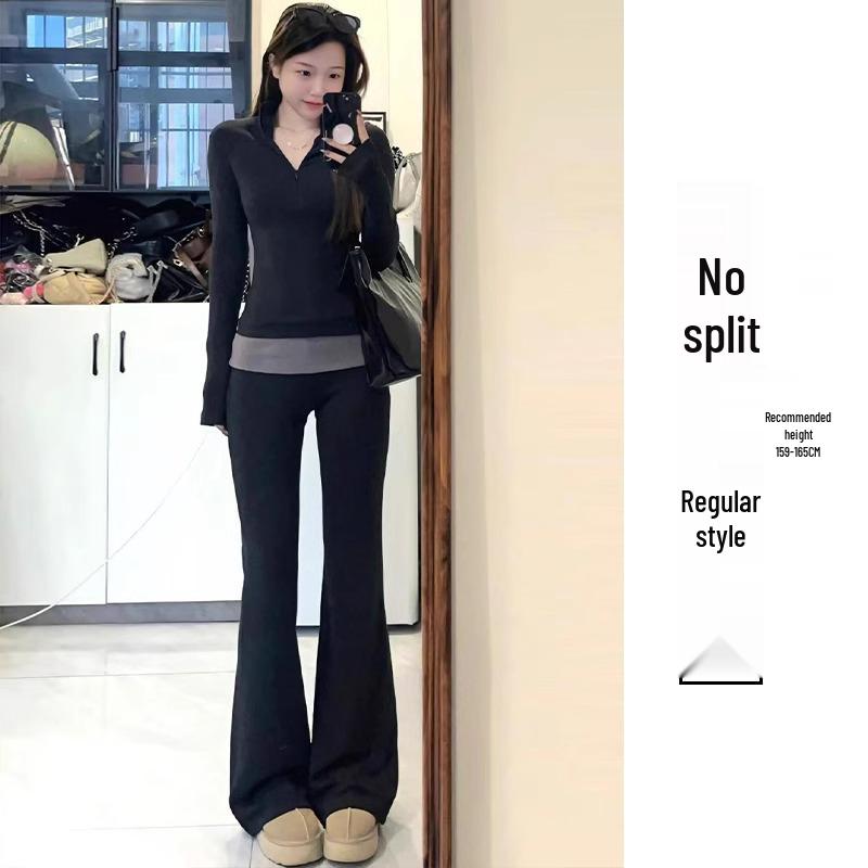 Korean Style High Waist Black Flare Pants for Women - Slimming Wide Leg Suit Pants for Spring and Autumn (Petite 145)