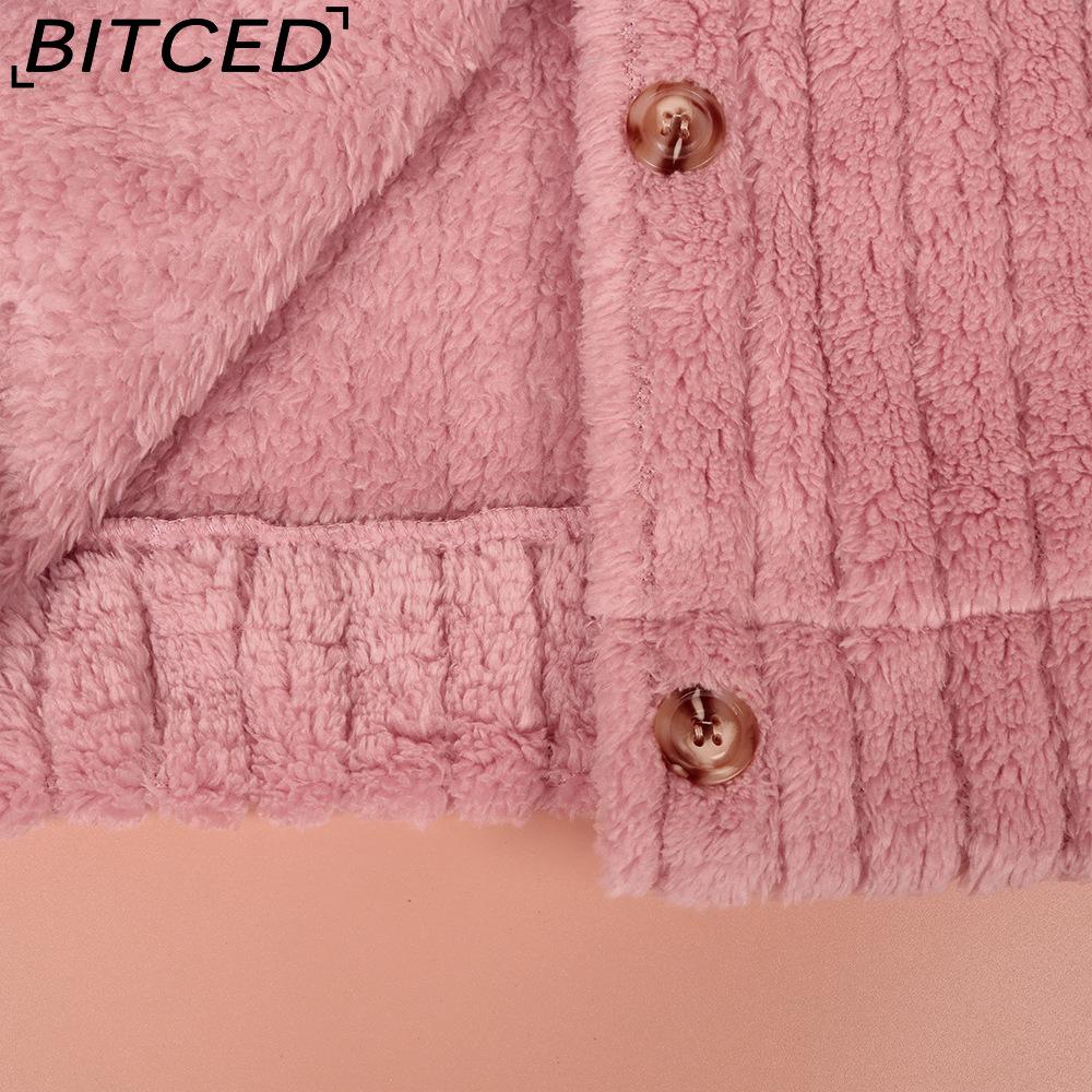 BITCED Women's Fall/Winter Ribbed Fleece Cardigan with Collar, Short-Length Jacket