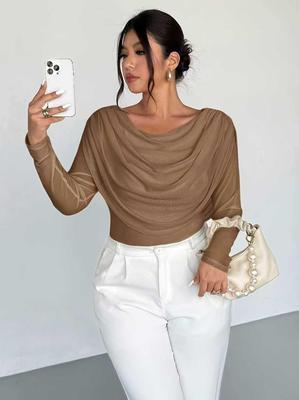 European & American Fashion Mesh Round Neck Plus Size Long Sleeve T-shirt