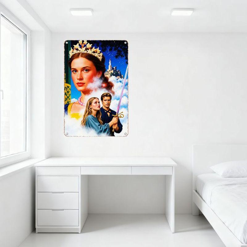Fairy - Tale Castle Starry Sky Metal Tin Sign, Royal Crown Woman & Figures Adventure Storybook Art Plaque for Home Cafe Bar Wall