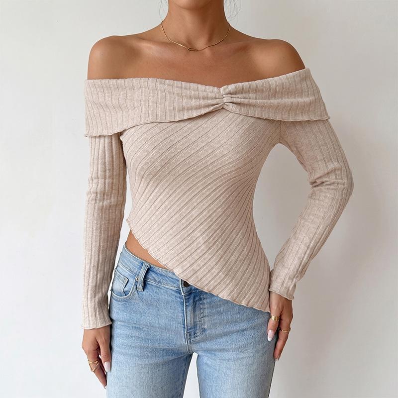 Autumn Knitted Long-Sleeved Boat Collar Irregular Hem T-Shirt for Women S
