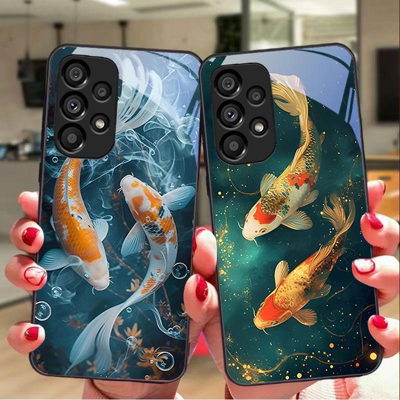 Chinese Wind Fish For Samsung Galaxy S 8 9 10 20 Plus 21 FE 22 23 24 Ultra S7 Edge Black Tempered Glass Phone Case Hard Shell