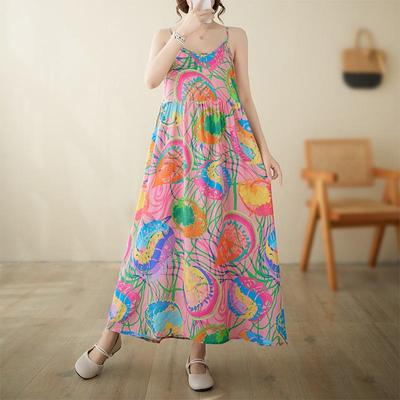 Sleeveless Strap Cotton Plus Size Vintage Floral New In Dresses For Women Casual Loose Long Summer Dress