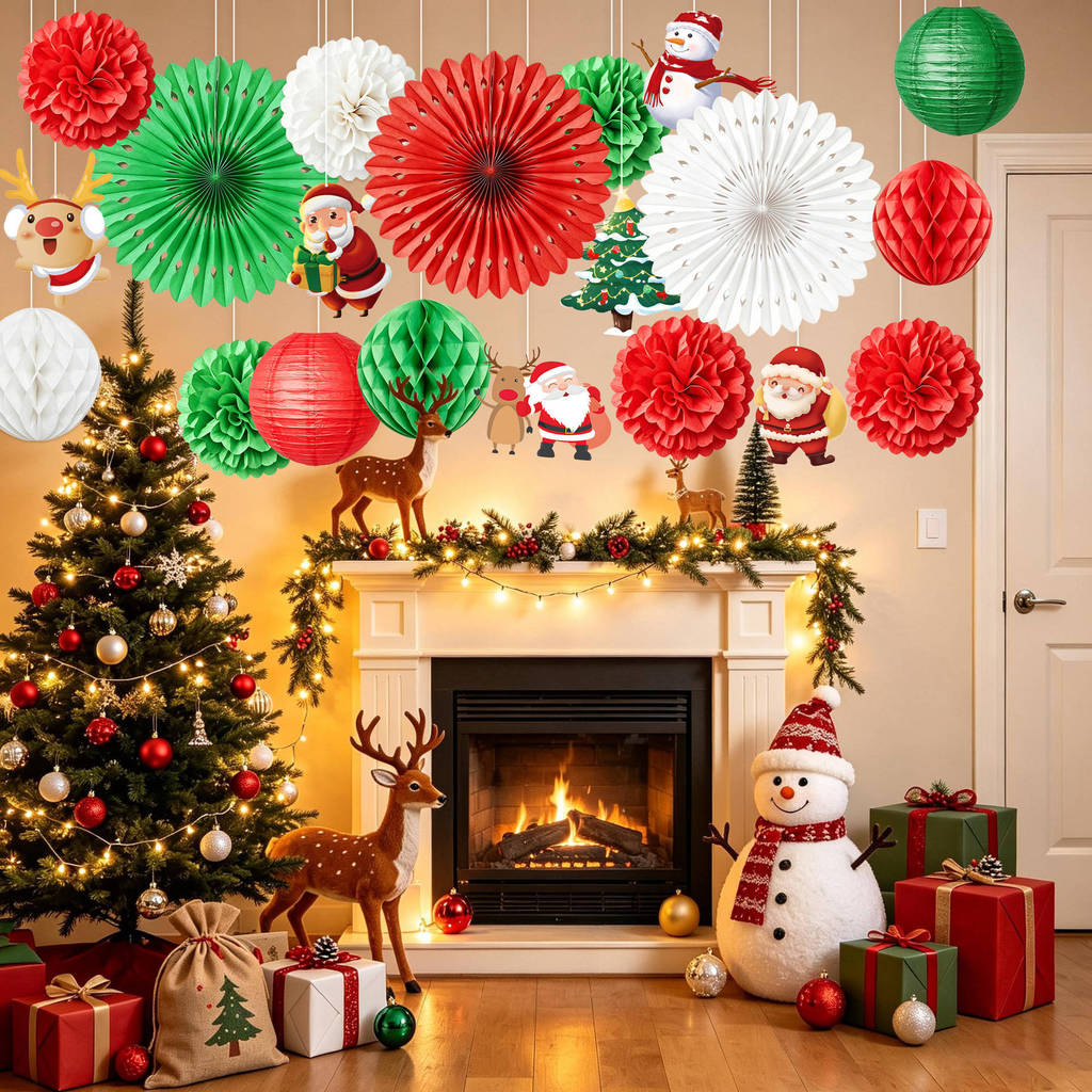 Christmas Party Decor Set With Paper Fans Paper Flowers Lanterns For Festive Event Venue Decoration