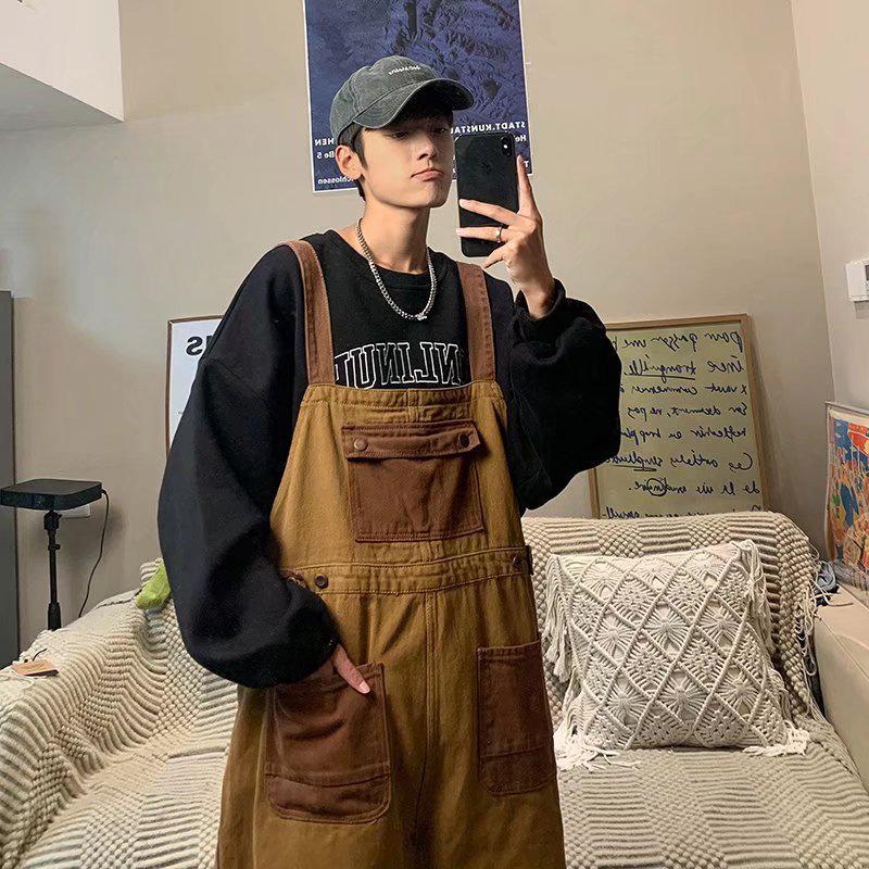 Men's Japanese Retro Reversible Neutral Overalls - Orange & Brown, Loose-Fit, Couple's Style.