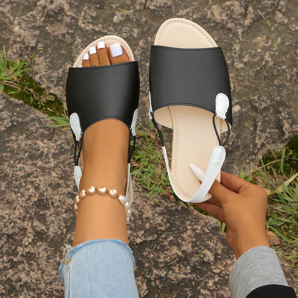 Women's Two-Tone Peep-Toe Slide Sandals - Backless Single Strap Casual Flats, Fashion Summer Mules