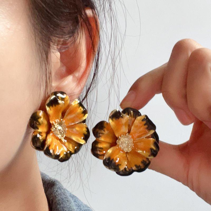 Vintage Gold Enamel Flower Ear Clips - No Piercing Needed