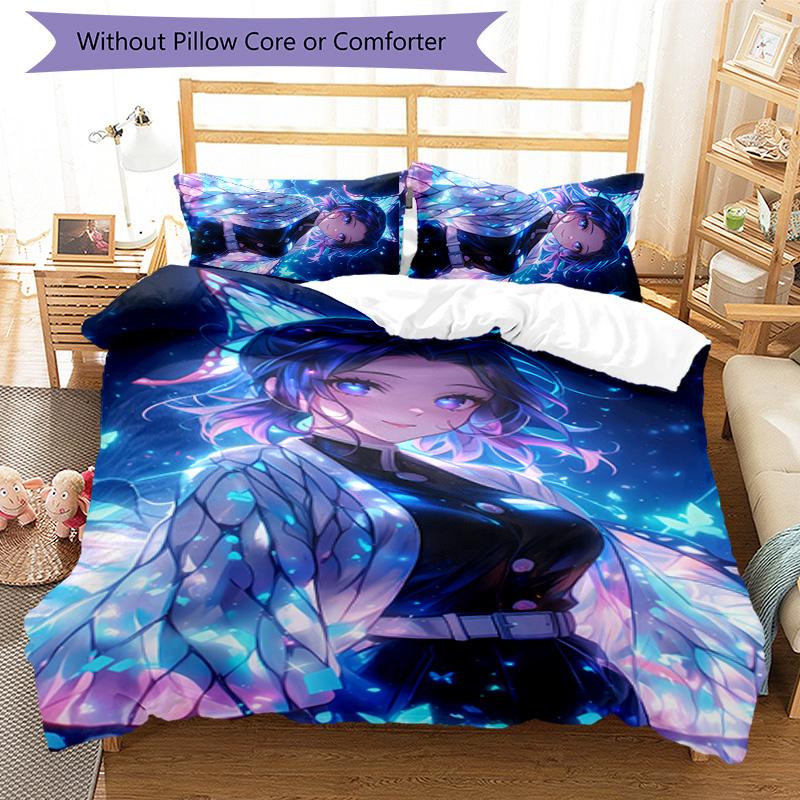 3pcs Demon Slayer Shinobu Kocho pattern bedding set duvet cover set includes duvet cover &pillowcases, perfect all season bedroom decoration & gift