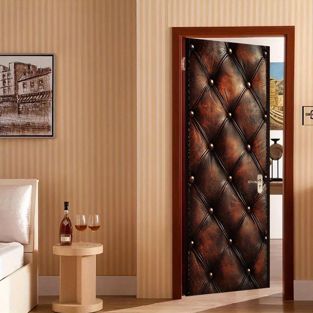 1 pair (2 pieces) of self-adhesive diamond patterned brown leather door mural stickers - texture imitates artificial leather tex