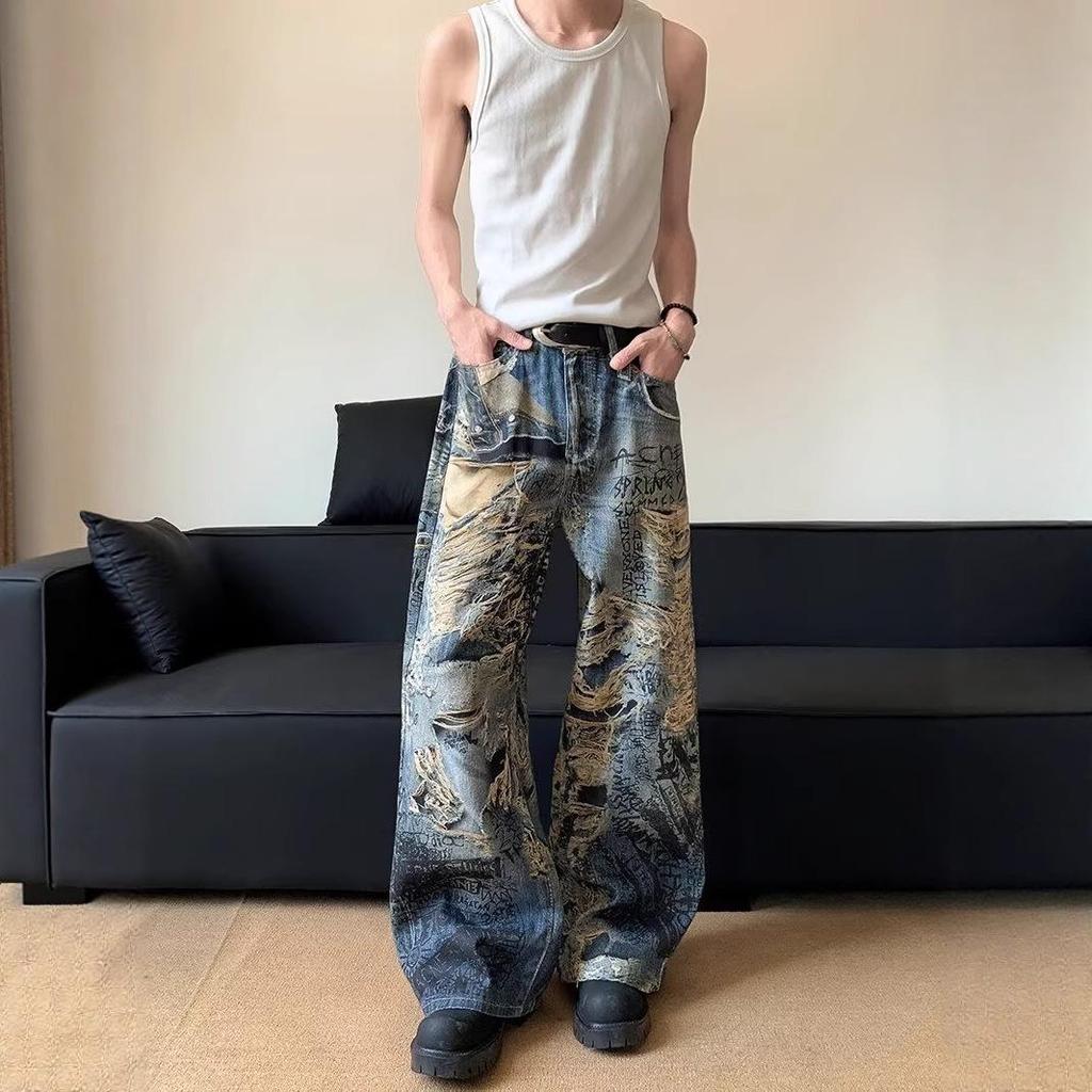 Women's Retro Graffiti Wide Leg Jeans - Casual Distressed Long Pants