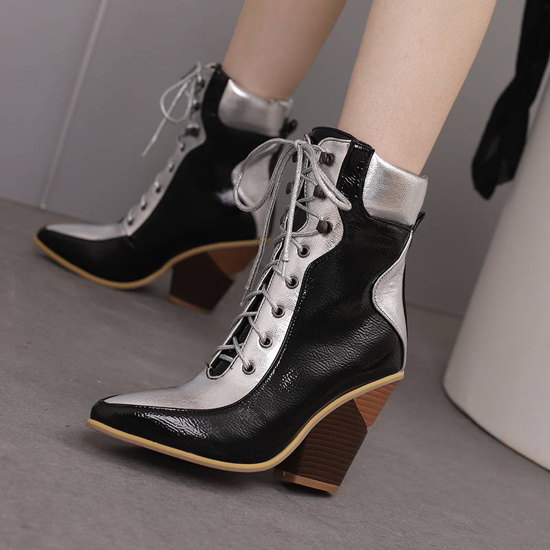 Krazing Pot Polyurethane Autumn Winter Shoes 47 Size 48 Super Size Wedges Pointed Toe Lace Up Serpentine Fashion Ankle Boots