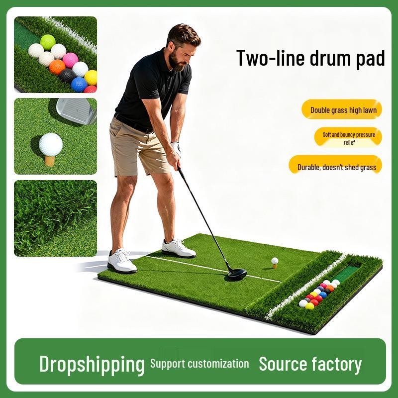 Two-Line Golf Practice Mat with Thickened Insertable Tee and Three-Grass Combination for Swing Training