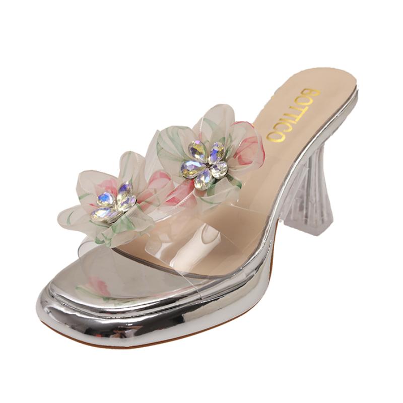 Fashion Luxury Crystal High Heels Slippers Designer Flower Shallow Shoes Summer New Sandals Pumps 2025 Brand Chunky Zapatillas De Mujer