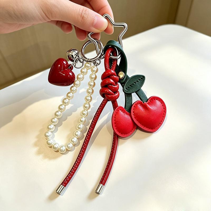 Yogodlns Y2K Faux Leather Rope Red Pink Cherry Keyring Red Heart Pearl Ribbon Bag Key Chain Charm Pendant Women Trendy Keychain Jewelry