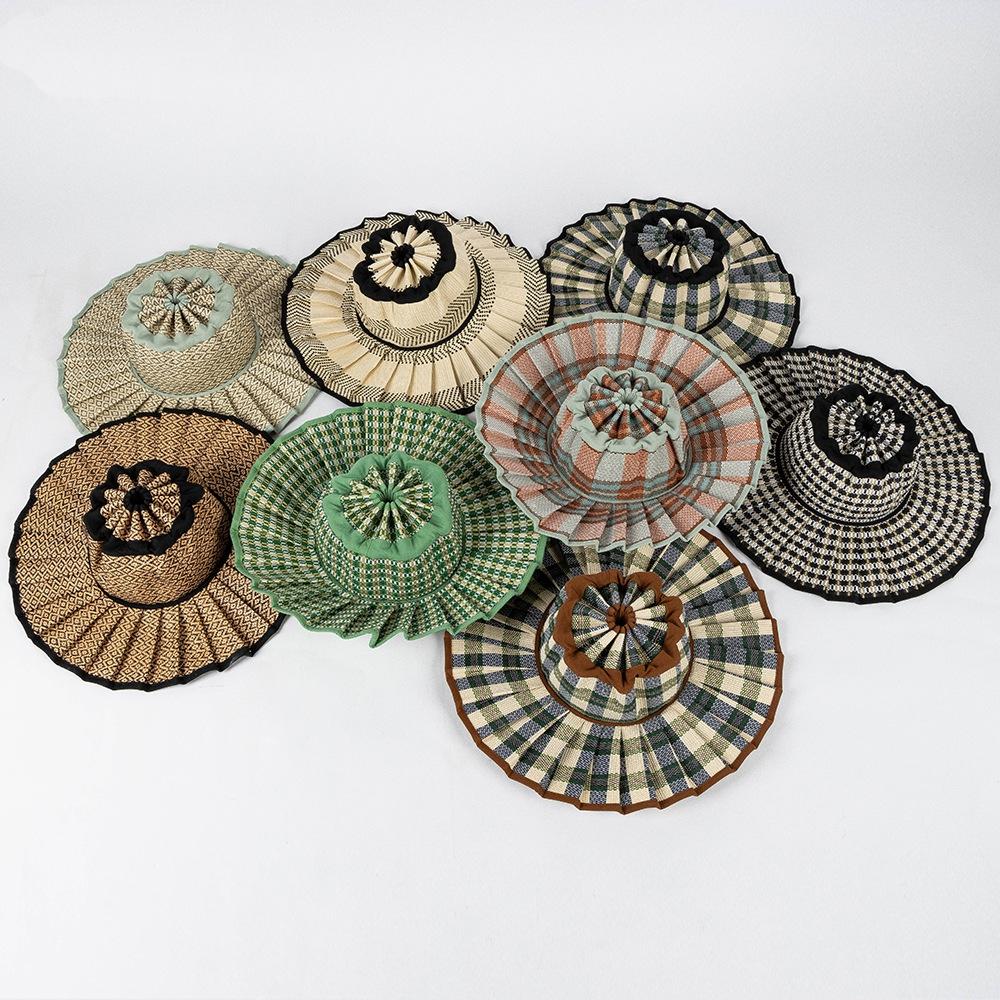 S/M/L/XL Spring Summer Fashion Casual Plaid Wide Brim Sun Hats for Women Men Outdoor Sunshade Hat Foldable Straw Hat Gorras