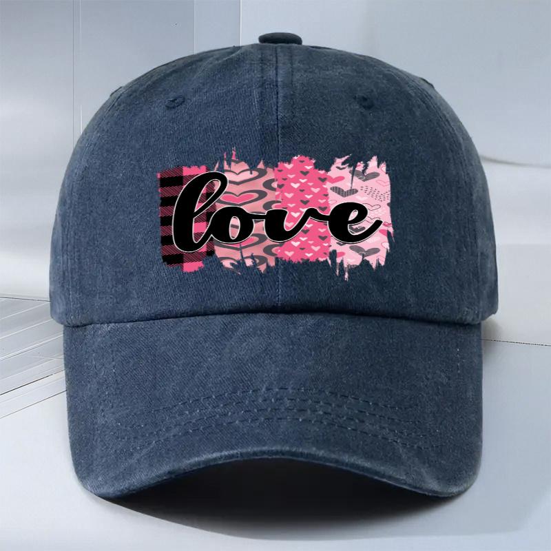 Love Heart Print Baseball Cap Polyester Distressed Casual Adjustable Outdoor Unisex Couple Cap