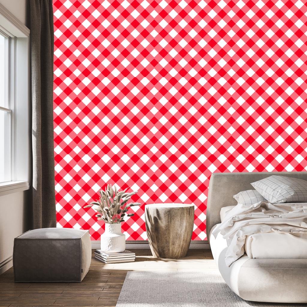 Red Checkered Wallpaper Coral, Red and White 50x1000