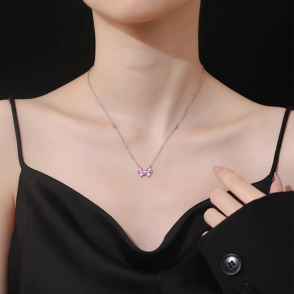 Pink Zirconia Necklace Female Romantic Holidays Design Models Temperament Versatile Collarbone Chain Fashion Personality Pendant Gifts for Girlfriends