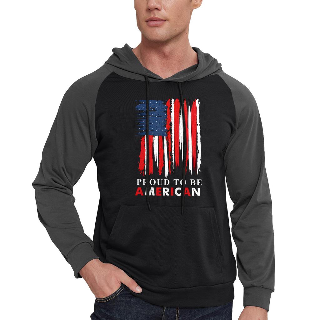 Men's Casual Hooded Drawstring Long Flag Print Sweatshirt With Pockets
