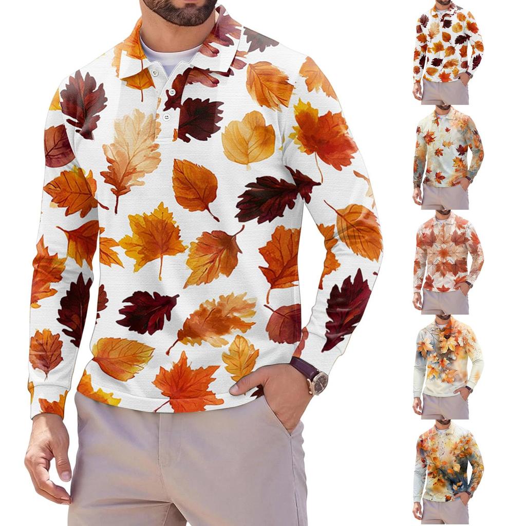 Camicia da Uomo a Maniche Lunghe in Rete con Collo a Revers e Stampa Foglia d'Acero Leggera Traspirante per Autunno e Inverno