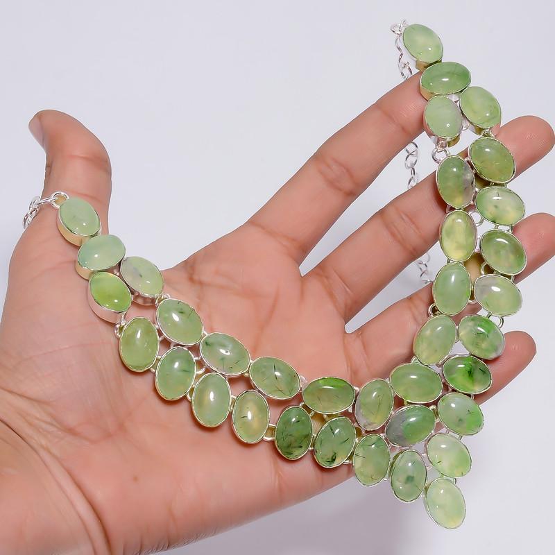 Exclusive Top Grade Qualite 100% Natural Prehnite Oval Shape Ethnic Style Handmade Jewelry 925 Steling Silver Necklace 18" WSJ-4741