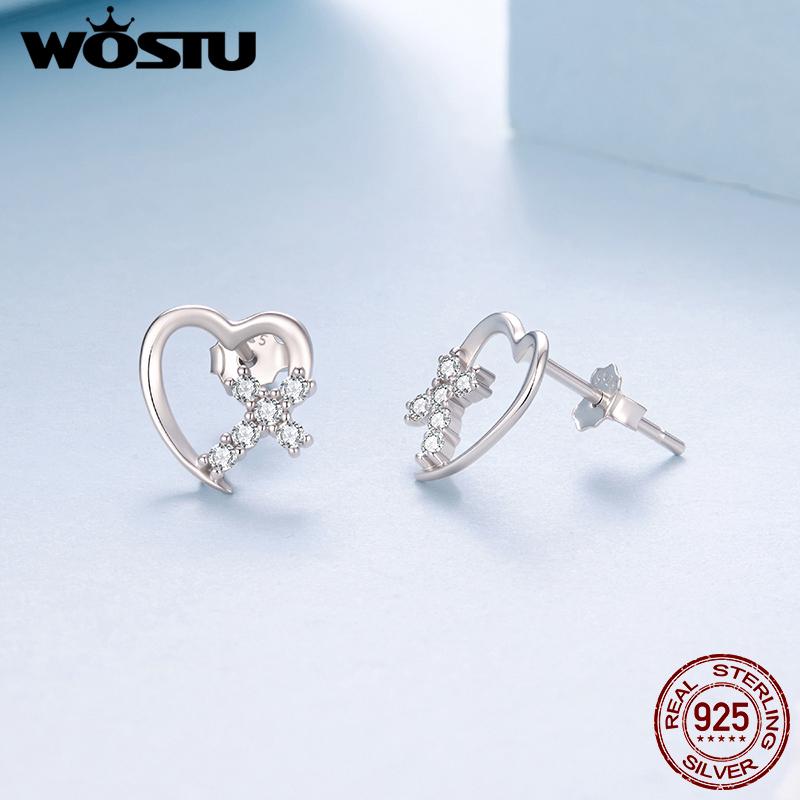 WOSTU 925 Sterling Silver 10MM Heart Cross Earrings Dainty AAA CZ Studs Minimalist Love Faith Jewelry for Women Girls BSE1310