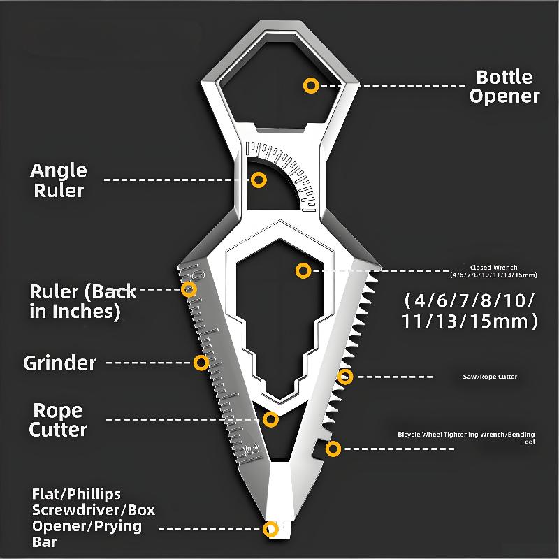 Lightweight 9-in-1 Stainless Steel Keychain Features Protractor Ruler for Easy Outdoor Access