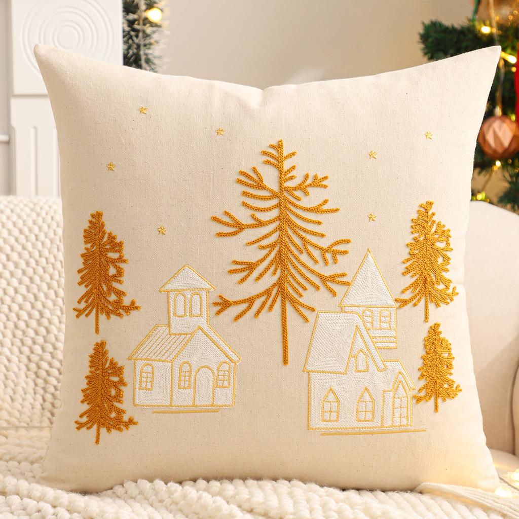 Embroidery Throw Pillow Cover Christmas Decoration Canvas Christmas Tree Forest Winter Farmhouse Home Sofa Living Room