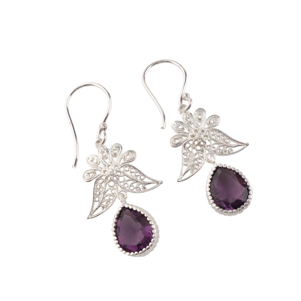 Amethyst Gemstone 925 Sterling Silver Handcrafted Jewelry Dangle Earrings 1.84" Gift For Women CE-23-6