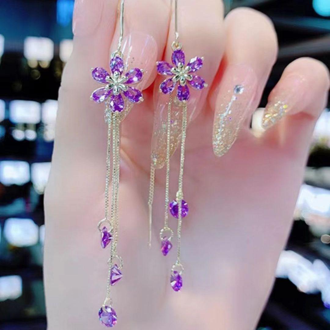 

Elegant Purple Tassel Flower Earrings – Korean High-End Trend, Long Dangle with Niche Ear Cuffs