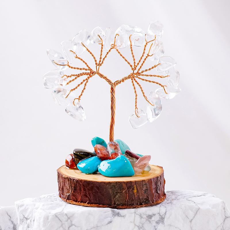 Natural Crystal Chips Tree Handmade With Copper Wire Wood Stump Base Money Tree Of Life Ornament Home Office Decor