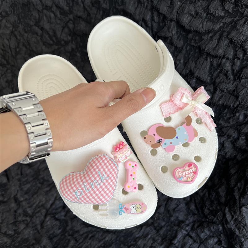 Pink Grid, Heart-shaped Hole Shoe Buckle, Cartoon, DIY Accessory, Cute Bow, Detachable Shoe Flower, Decorative Accessories