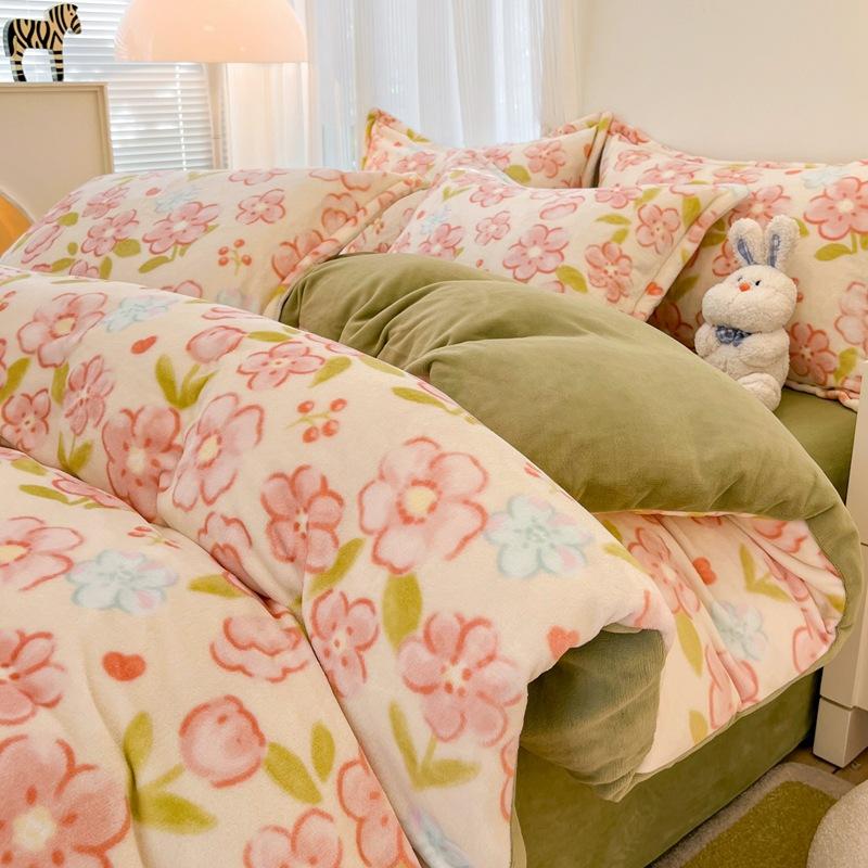 Thickened Milk Fleece Four-Piece Set, Coral Flannel Quilt Cover, Double-Sided Fleece Bed Sheet Quilt Cover, Bed Hat Three-Piece Set