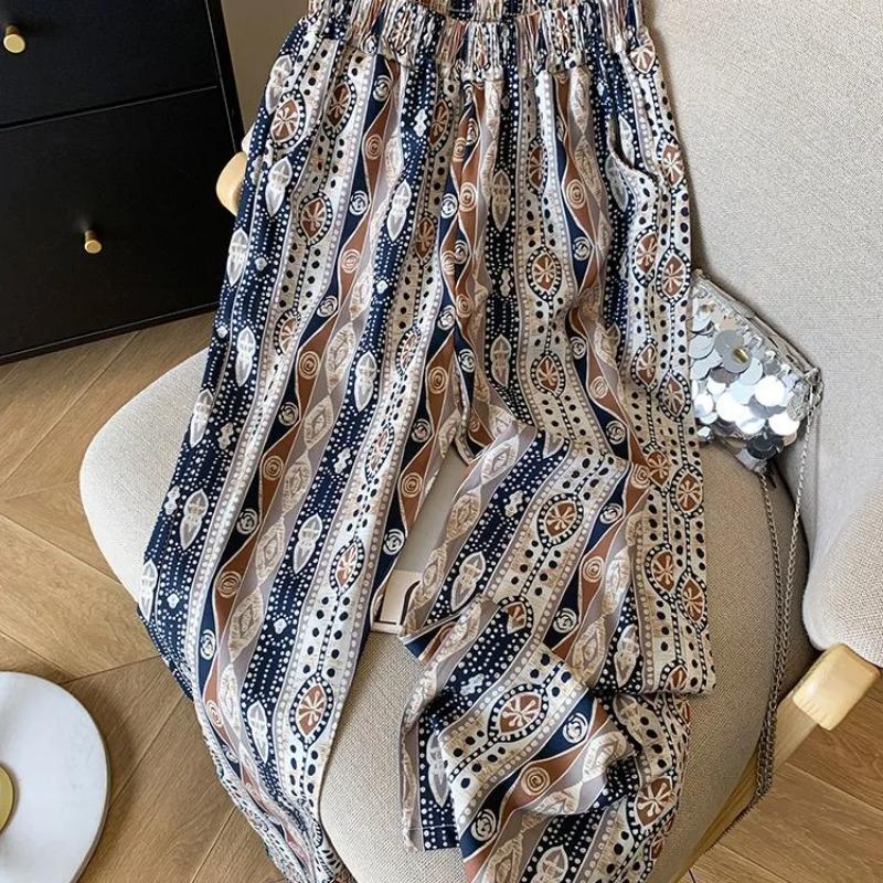 

Женские брюки с эластичным поясом и широкими штанинами, разноцветные, с этническим узором S коричневый