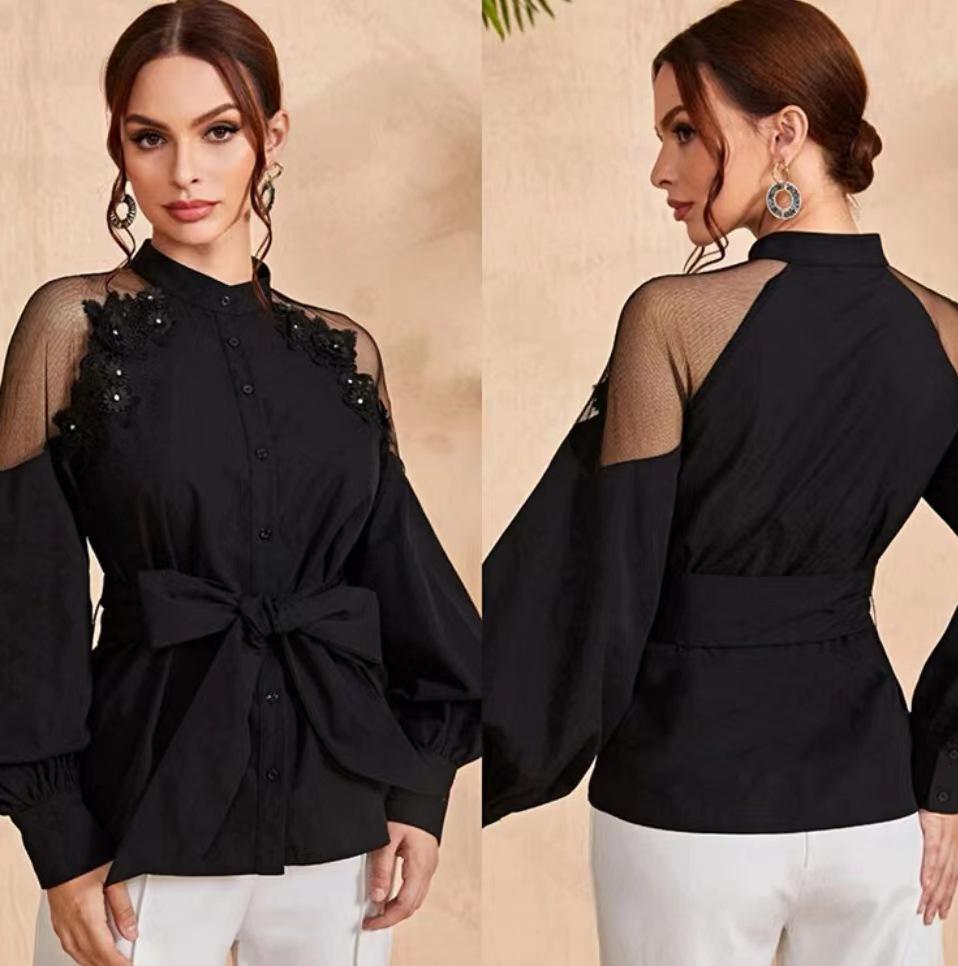 Lace Chiffon Blouse 2024: Sexy Hollow Sleeve, Solid Color Button Tie Women's Top