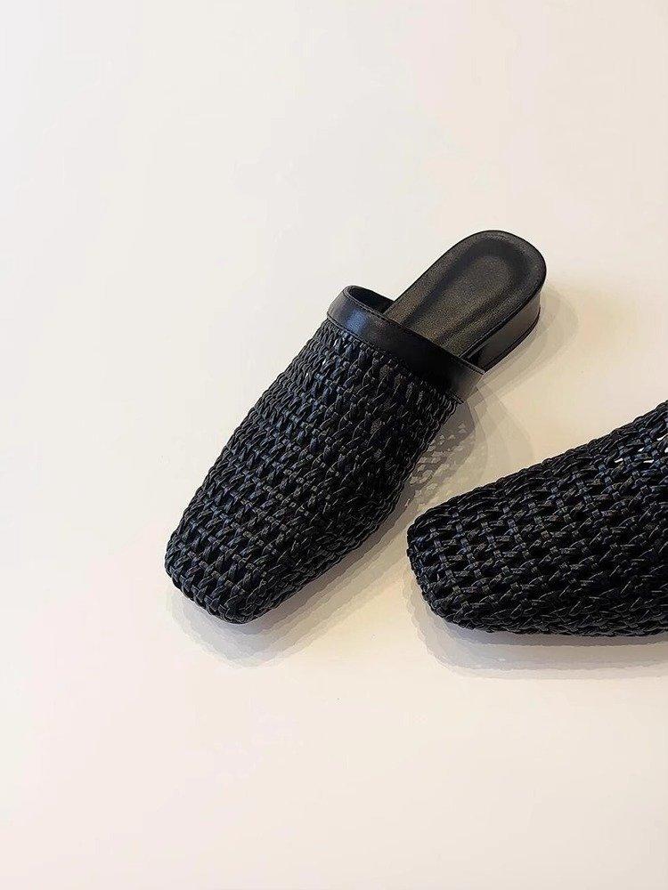 Soft Leather Version~ Simple Hand-woven Hollowed-out One-pedal Bag Head Shoes, Women's Low Heels, Comfortable and Cool Slippers