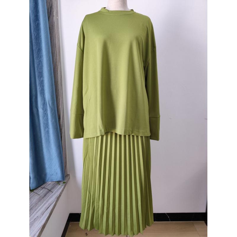 AUT1027392CMP Women Modest Two Piece Set Long Sleeve Loose Top Pleated Maxi Skirt Muslim Abaya Outfit Casual Matching Suit